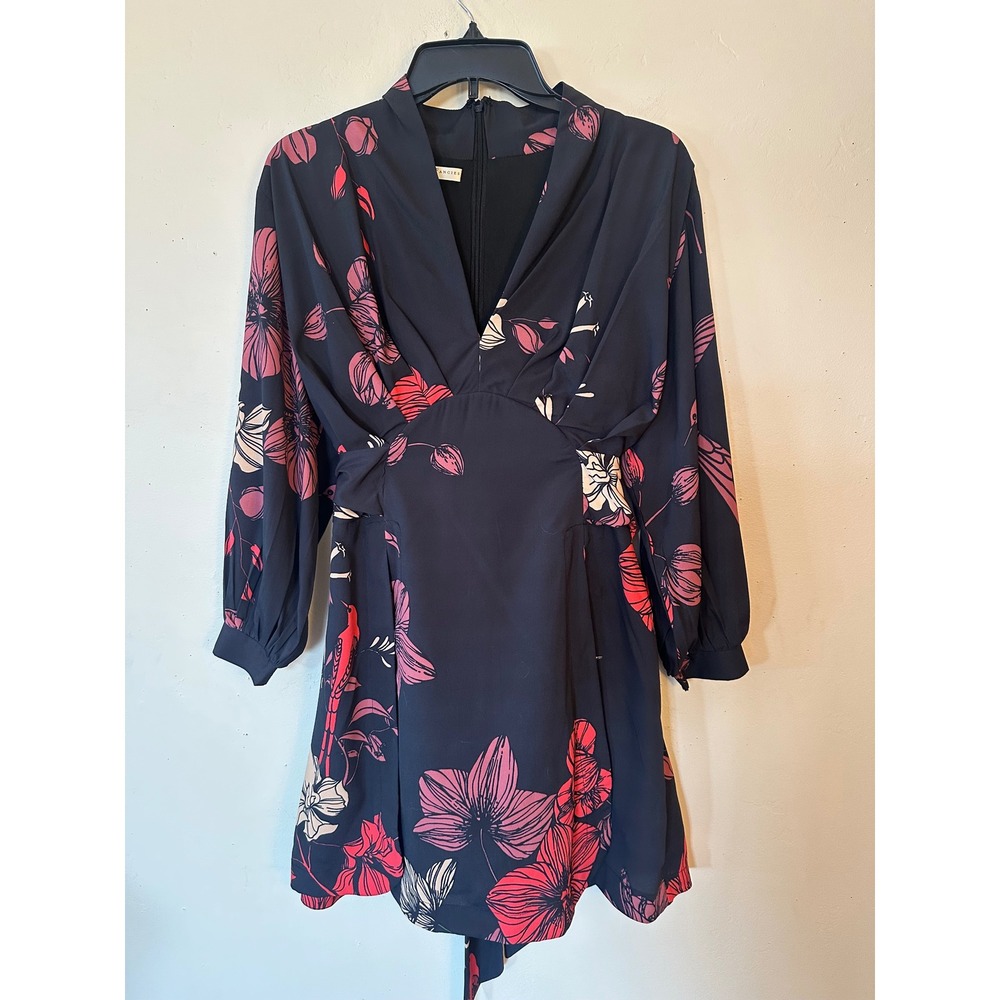 Wayward Fancies eShakti Floral Bird Print Mini Dress Navy Pink V-Neck Tie Back